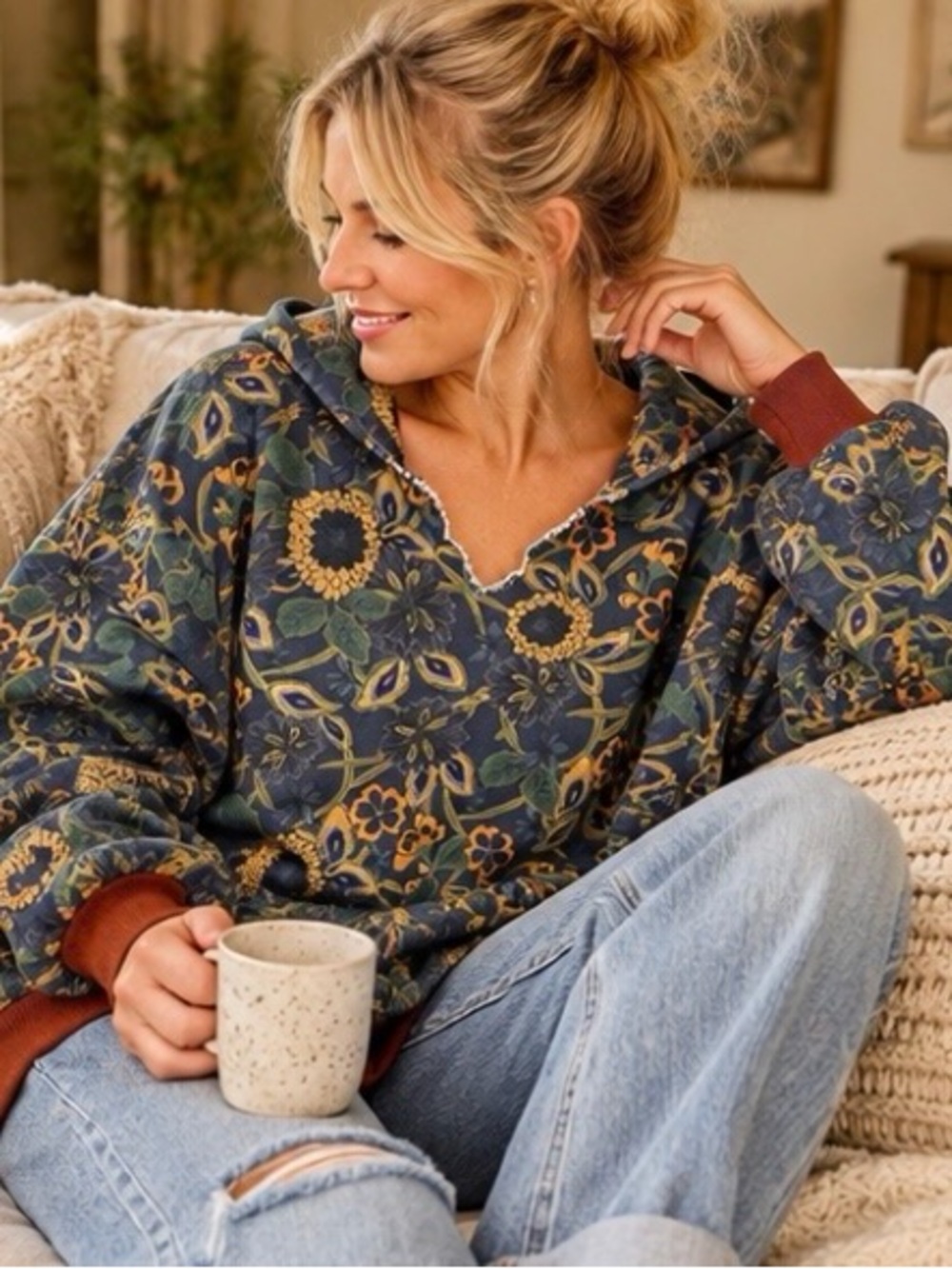 Natural Life Oversized Floral Hoodie S/M Boho Cottagecore Sunflower Distressed